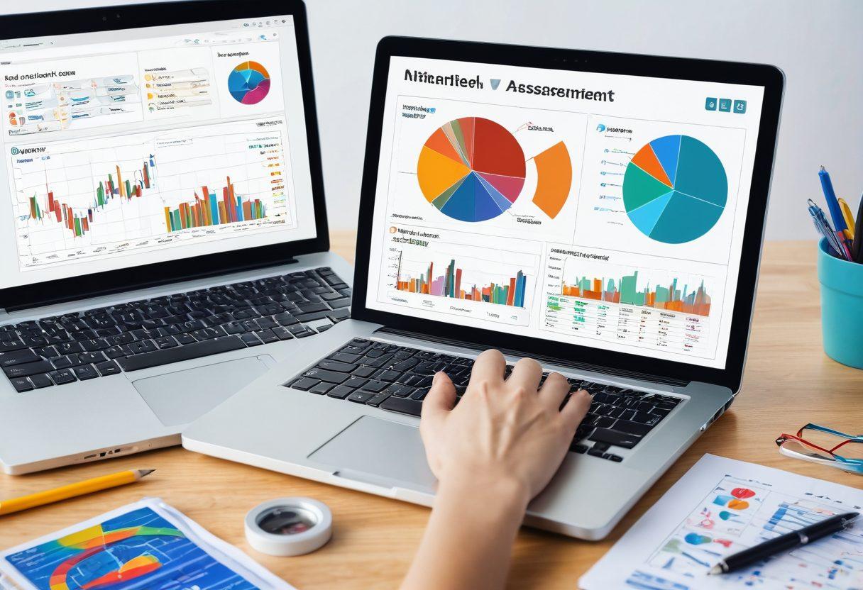 A digital workspace with various internet quality assessment tools, including a laptop showing network analysis graphs, a speed test meter, and colorful charts. Include hands working with a tablet displaying data metrics and a magnifying glass examining connectivity. The background should feature stylized icons representing internet connections, speed, and quality. super-realistic. vibrant colors. clean white background.