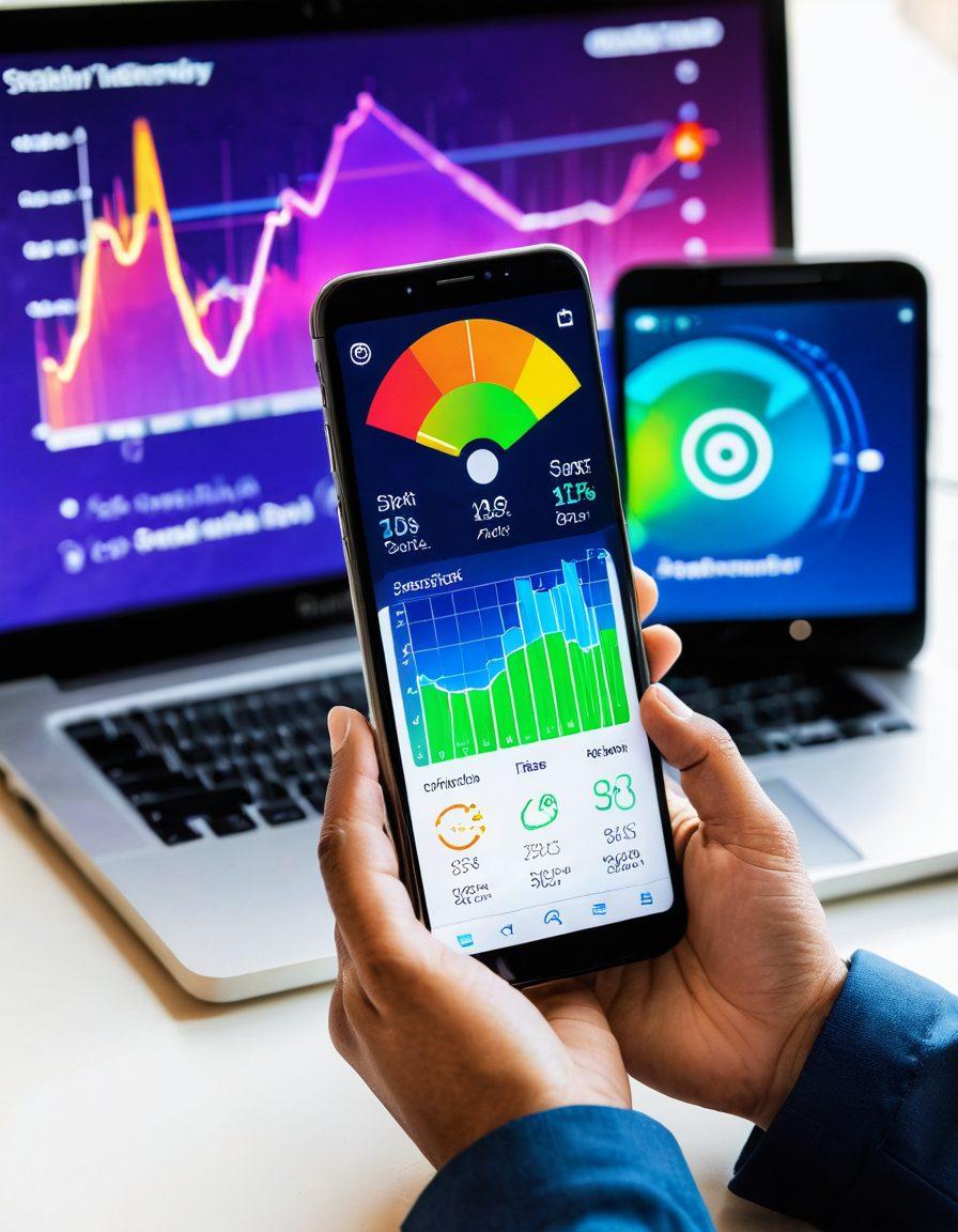 A close-up of a person holding a smartphone, with a speed test app open, displaying vibrant graphs and metrics. In the background, a colorful Wi-Fi signal icon radiates outwards, symbolizing connectivity. Include a laptop showing stability checks on one side and a visual representation of the internet, like fiber optic cables, on the other. The overall tone should evoke a sense of technology and connectivity. super-realistic. vibrant colors. white background.
