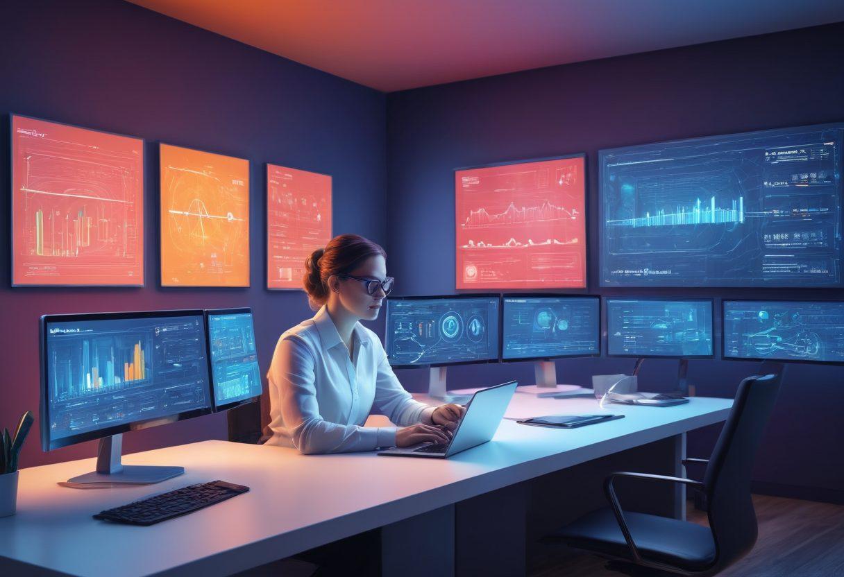 A visually engaging illustration showcasing a high-tech home office with multiple screens displaying internet speed tests and quality metrics. Include a person analyzing data with a thoughtful expression, surrounded by digital graphs and icons representing connectivity. Use a vibrant color palette to emphasize a modern and innovative feel. futuristic technology. vibrant colors. 3D.